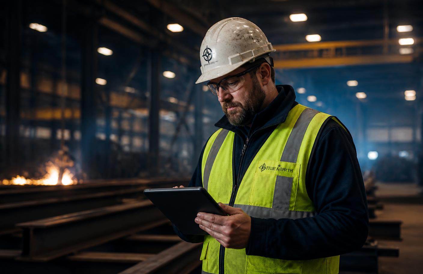 Project manager reviewing job data on a tablet inside a steel fabrication facility